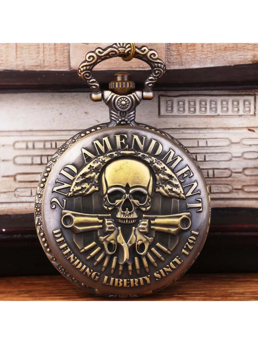 Men's Brown Engraved Cowboys Arabic Numerals Skull Bronze Chain Pocket Watch